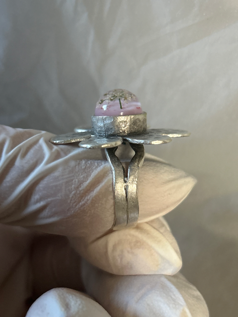 Flower Shaped Ring with Queen Anne's Lace and Pink Howlite Crystals (adjustable)