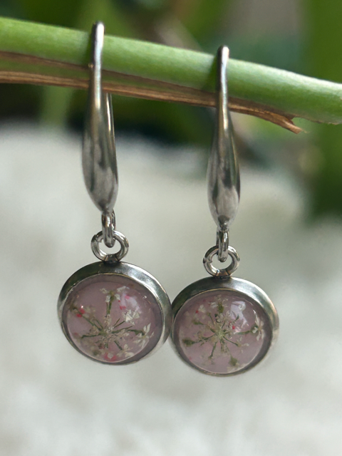 Drop Earrings with Queen Anne's Lace and Pink Howlite Crystals