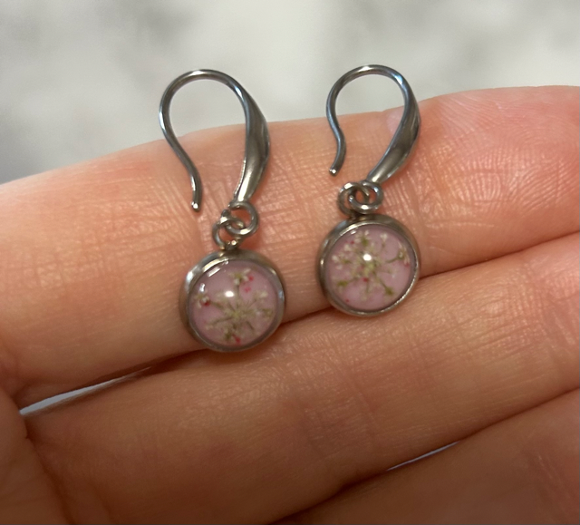Drop Earrings with Queen Anne's Lace and Pink Howlite Crystals