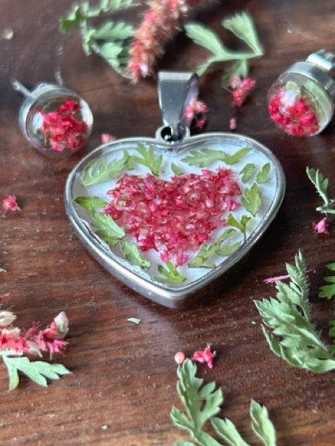 Heart Pendant with Love-Lies-Bleeding Flowers and Wild Carrot Greens
