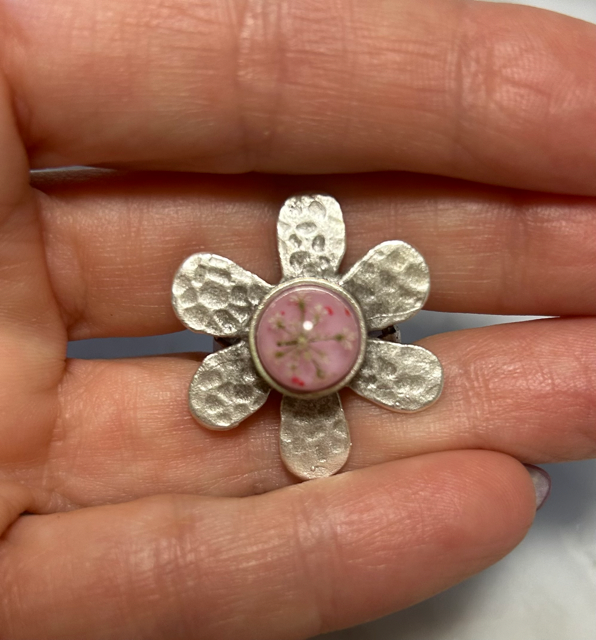Flower Shaped Ring with Queen Anne's Lace and Pink Howlite Crystals (adjustable)