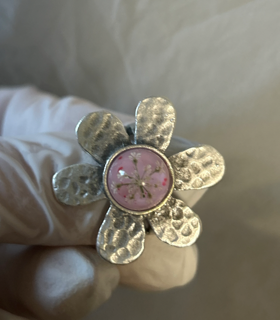 Flower Shaped Ring with Queen Anne's Lace and Pink Howlite Crystals (adjustable)