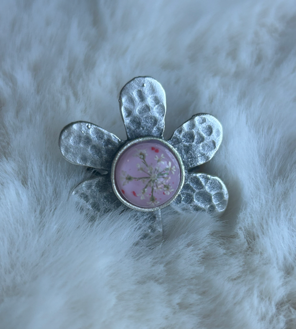 Flower Shaped Ring with Queen Anne's Lace and Pink Howlite Crystals (adjustable)