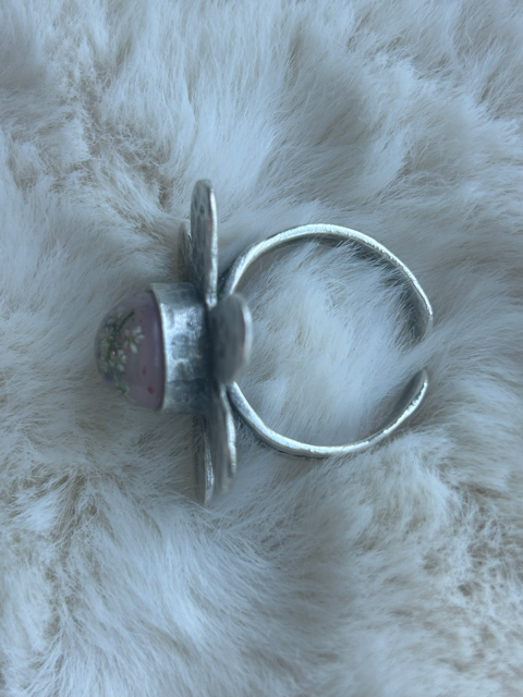 Flower Shaped Ring with Queen Anne's Lace and Pink Howlite Crystals (adjustable)