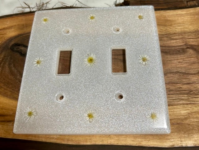 Double Slim Light Switch Cover with White Panicle Aster Flowers