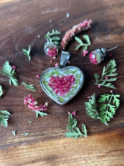 Earrings with Love-Lies-Bleeding Flowers and Wild Carrot Greens