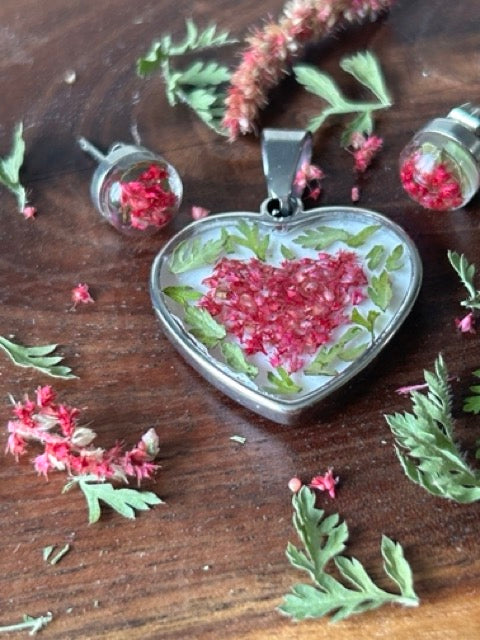 Heart Pendant with Love-Lies-Bleeding Flowers and Wild Carrot Greens