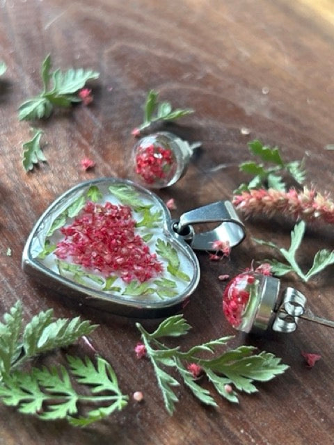 Earrings with Love-Lies-Bleeding Flowers and Wild Carrot Greens