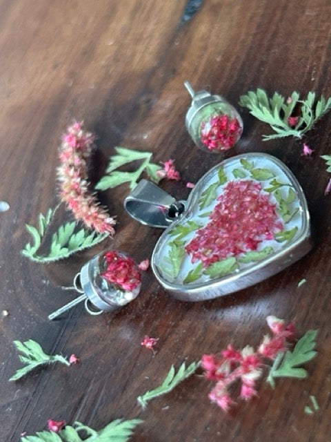 Earrings with Love-Lies-Bleeding Flowers and Wild Carrot Greens