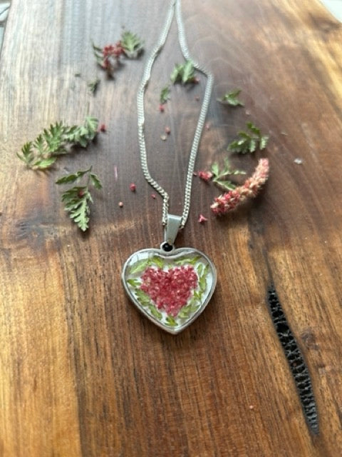 Heart Pendant with Love-Lies-Bleeding Flowers and Wild Carrot Greens